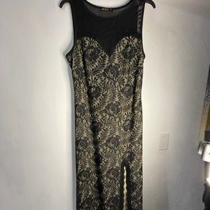 Muisol Size L and Size XL black lace over nude dress with side slit
